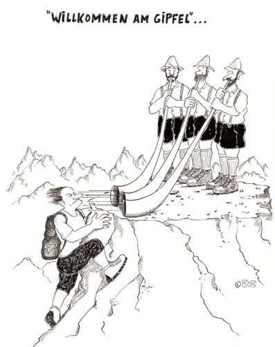 Cartoon: Welcome (medium) by Christian BOB Born tagged berge,klettern,gipfel,alpen,sport,albtraumhörner,berge,klettern,gipfel,alpen,sport,albtraumhörner,bergsteigen