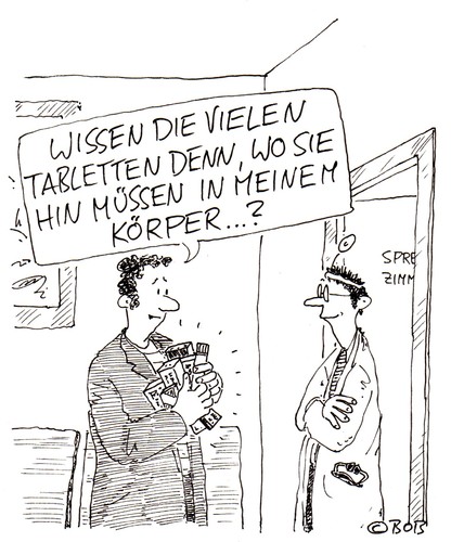 Cartoon: Wo gehts lang? (medium) by Christian BOB Born tagged tabletten,medizin,körper,wirkung,nebenwirkungen,toxizität,tabletten,medizin,körper,wirkung,nebenwirkungen,toxizität,gift,vergiften,ärtze,arzt,patient,praxis,gesundheit