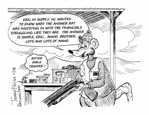 Cartoon: The Answer Rat on investing (medium) by terry tagged investing,economy,guns,ammo