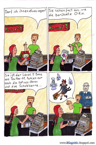 Cartoon: O-RIN (medium) by Blogrovic tagged supermarkt,einkaufen,orin,touhou,flirt,stalking,alarm,security,belästigung,kassiererin