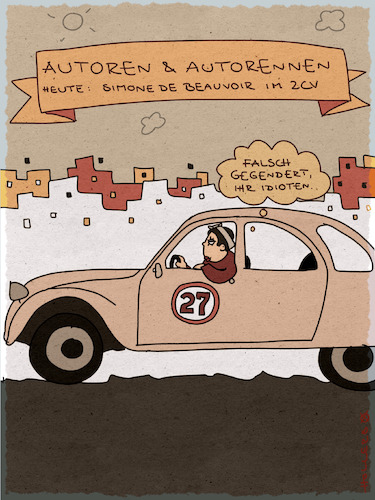 Cartoon: Autoren und Autorennen (medium) by hollers tagged autoren,autorennen,gendern,literatur,simone,de,beauvoir,2cv,ente,autoren,autorennen,gendern,literatur,simone,de,beauvoir,2cv,ente