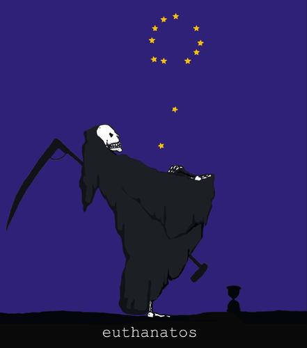 Cartoon: EU-Thanatos (medium) by hollers tagged thanatos,tod,eu,euthanatos,euro,europa,krise,hollers,sterntaler,starmoney,flag,flagge,tod,eu,europa,krise,euro,sterntaler