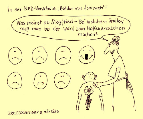 Cartoon: NPD Vorschule (medium) by brettschneider und möhring tagged bundestagswahl,wähler,npd,neonazis,vorschule,smiley,baldur,von,schirach,cartoon,karikatur,brettschneider,und,möhring