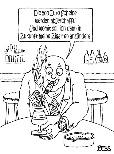 Cartoon: 500 Euro Scheine (medium) by besscartoon tagged mann,500,euro,scheine,abschaffung,banknote,geldschein,geld,zigarren,bess,besscartoon
