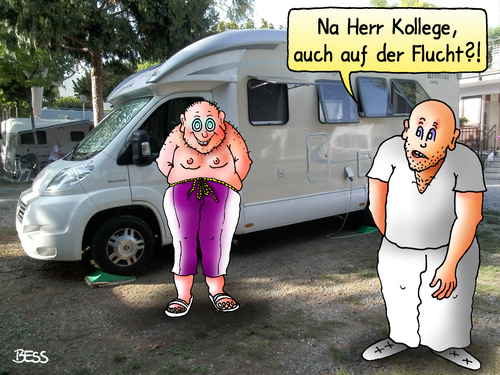 Cartoon: Auf der Flucht (medium) by besscartoon tagged camping,urlaub,ferien,camper,flucht,wohnmobil,bess,besscartoon