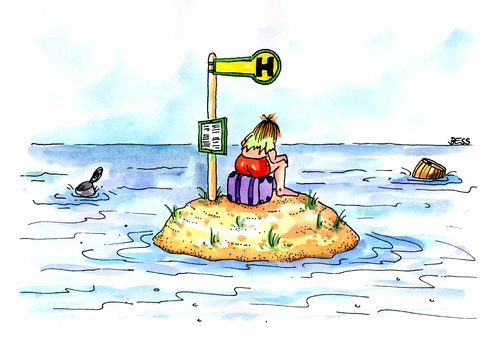 Cartoon: Bus stop (medium) by besscartoon tagged insel,meer,schiffbruch,koffer,bus,bushaltestelle,bess,besscartoon
