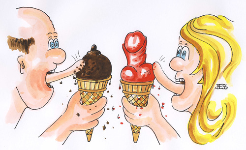 Cartoon: endlich Eiszeit (medium) by besscartoon tagged mann,frau,paar,liebe,partnerschaft,eis,essen,frühling,bess,besscartoon