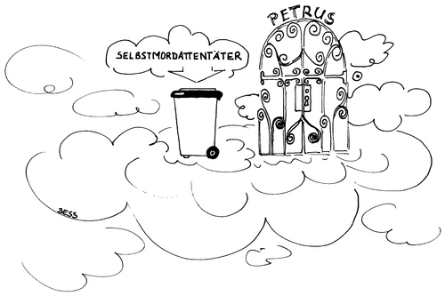 Cartoon: Entsorgungsprobleme (medium) by besscartoon tagged religion,kirche,himmel,petrus,terrorismus,attentäter,selbstmord,bess,besscartoon