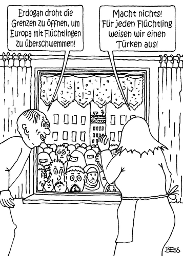 Cartoon: Erdo-Gans Geschnatter (medium) by besscartoon tagged erdogan,drohung,flüchtlingsdeal,türkei,eu,grenze,ausweisung,ausweisen,türken,flüchtlinge,konflikt,asyl,politik,bess,besscartoon