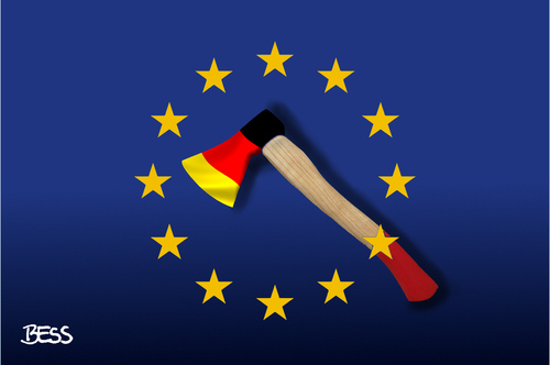 Cartoon: EU (medium) by besscartoon tagged besscartoon,bess,axt,brd,gold,rot,schwarz,hilfspaket,schulden,deutschland,vorbild,wachstum,sparkurs,sparen,krise,europa,eu