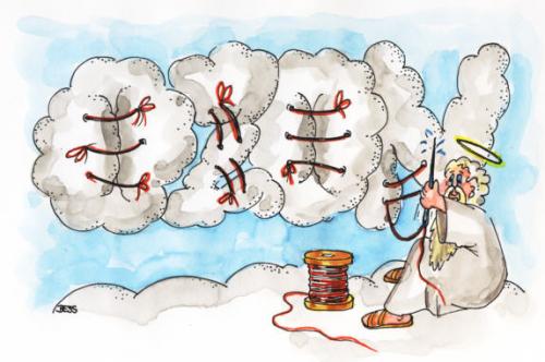 Cartoon: Flickschusterei (medium) by besscartoon tagged himmel,erde,ozon,gott,religion,christentum,klimaerwärmung,bess,besscartoon