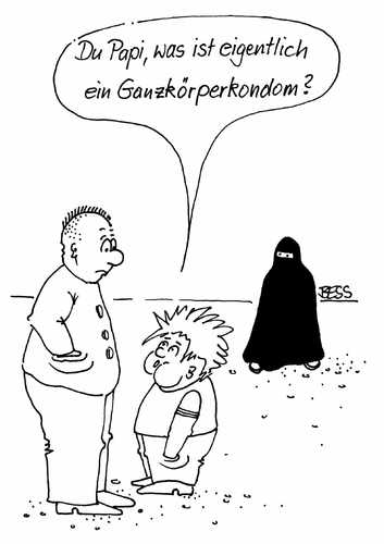 Cartoon: Ganzkörperkondom (medium) by besscartoon tagged bess,besscartoon,kind,mann,kondom,islam,burka,religion