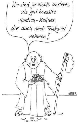 Cartoon: Hostien-Kellner (medium) by besscartoon tagged kirche,religion,pfarrer,papst,katholisch,hostien,kellner,trinkgeld,bess,besscartoon
