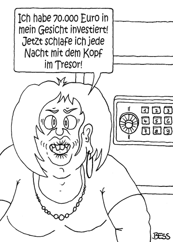 Cartoon: Investition fürs Leben (medium) by besscartoon tagged frau,schönheit,schönheitsoperation,tresor,safe,schlafen,euro,investiert,bess,besscartoon