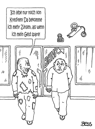 Cartoon: leben auf Kredit (medium) by besscartoon tagged männer,bank,geld,kredit,zinsen,sparen,bess,besscartoon