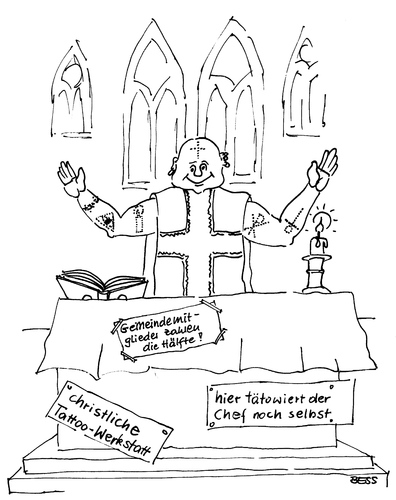 Cartoon: Marktlücke (medium) by besscartoon tagged kirche,religion,katholisch,pfarrer,tattoo,christentum,bess,besscartoon
