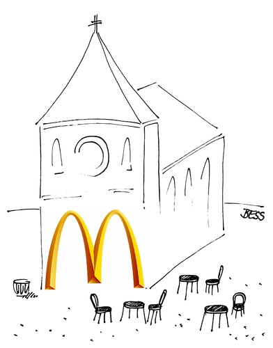 Cartoon: McKatholisch (medium) by besscartoon tagged kirche,fastfood,fast,food,essen,religion,mcdonald,bess,besscartoon