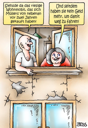 Cartoon: Müllers Wohnmobil (medium) by besscartoon tagged mann,frau,wohnmobil,urlaub,geld,ferien,paar,ehe,beziehung,bess,besscartoon