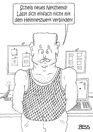 Cartoon: Netzwerkprobleme (medium) by besscartoon tagged mann,netzwerk,netzwerkprobleme,technik,computer,netzhemd,wlan,digitalisierung,bess,besscartoon