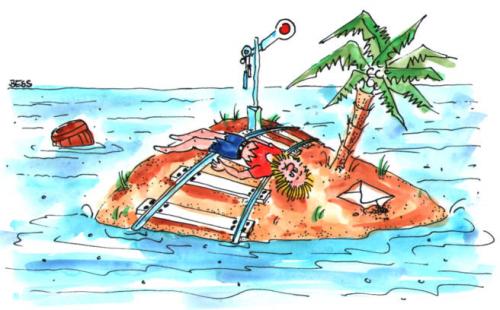 Cartoon: Optimismus (medium) by besscartoon tagged brief,meer,palme,eisenbahn,selbstmord,insel,mann,suizid,schienen,bess,besscartoon