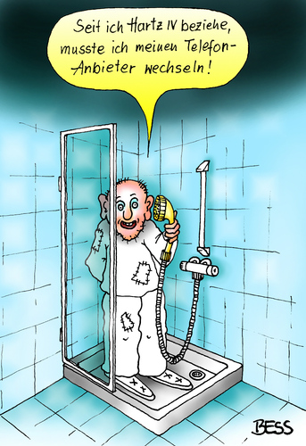 Cartoon: Telefon-Anbieter-Wechsel (medium) by besscartoon tagged bad,dusche,hartz,mann,telefon,provider,anbieter,armut,bess,besscartoon
