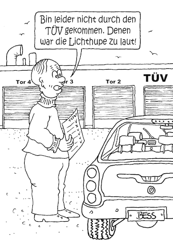 Cartoon: TÜV (medium) by besscartoon tagged mann,tüv,auto,automobil,lichthupe,sicherheit,bess,besscartoon