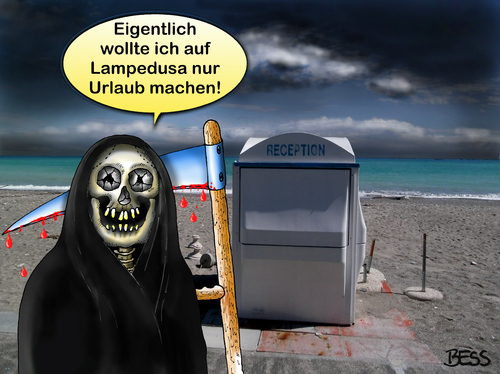 Cartoon: Urlaub auf Lampedusa (medium) by besscartoon tagged sensenmann,tod,urlaub,hungersnot,afrika,europa,flüchtlingsdrama,lampedusa,bess,besscartoon