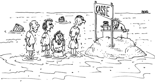 Cartoon: Zur Kasse bitte! (medium) by besscartoon tagged insel,meer,schiffbruch,einsamkeit,kasse,geld,bess,besscartoon