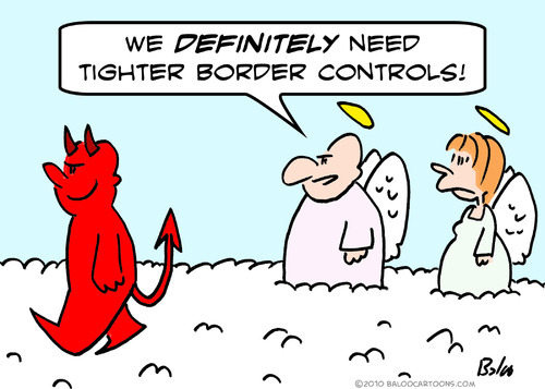 Cartoon: angels devil border controls (medium) by rmay tagged angels,devil,border,controls,heaven,immigration
