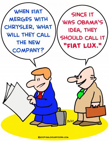 Cartoon: fiat lux chrysler merge obama (medium) by rmay tagged fiat,lux,chrysler,merge,obama