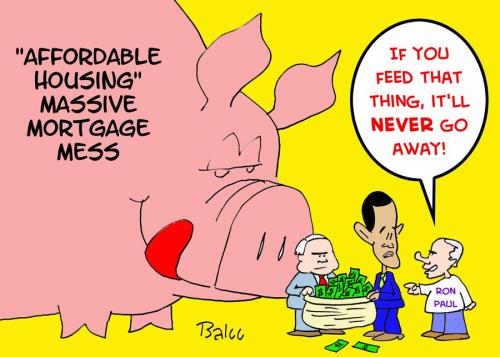 Cartoon: MORTGAGE CRISIS RON PAUL OBAMA (medium) by rmay tagged mortgage,crisis,ron,paul,obama,mccain,pig,feed,never
